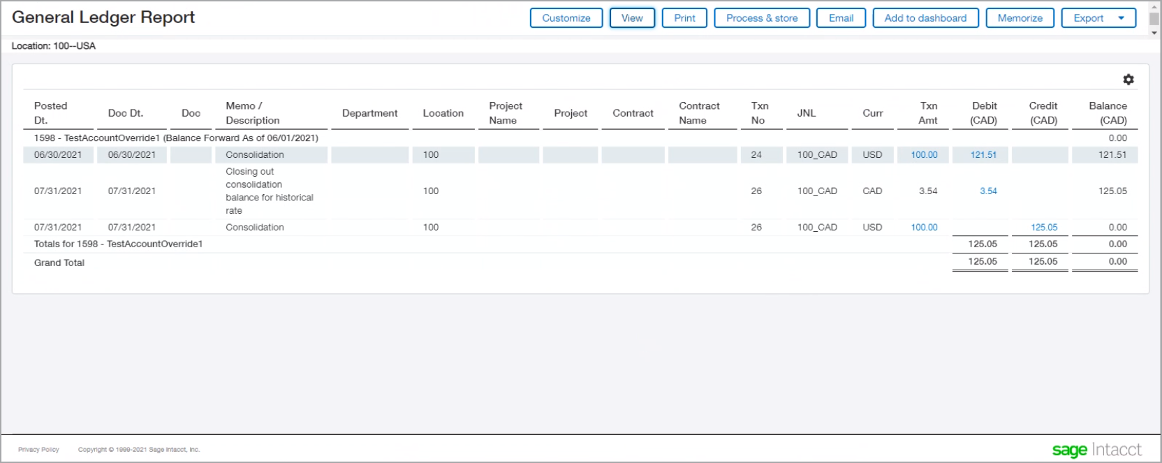 A General Ledger report summarizing the historical rate closeout.