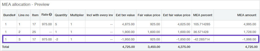 The debook contract line is highlighted and shown to be included in the MEA bundle.