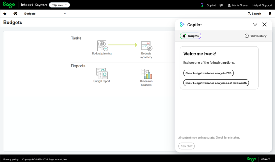 Shows the Copilot panel when you first open it. It displays two suggested prompts.