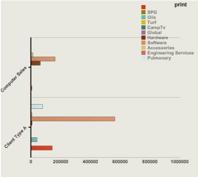 Horizontal bars of varying colors compare amount by client and product.