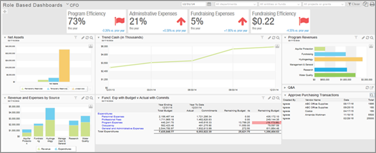 Example dashboard for a Chief Financial Officer, showing things like revenue, expenses, net assets, a cash trendline, and pending purchasing approvals.