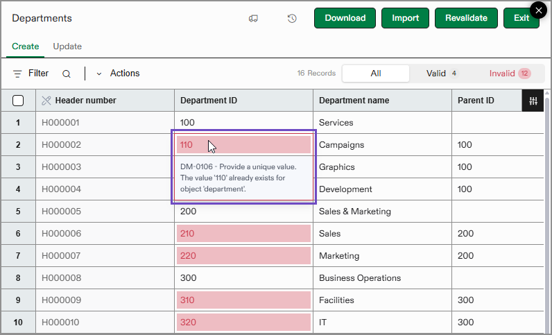 Error messages highlighted in red on an import service sheet.