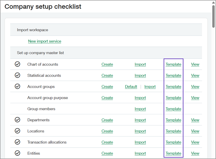 Import beta template links highlighted on the Company Setup Checklist.