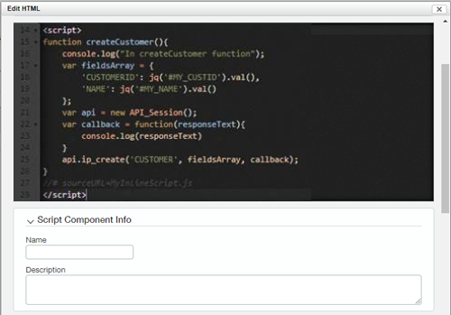 Name and Description fields under the Script Component Info header.
