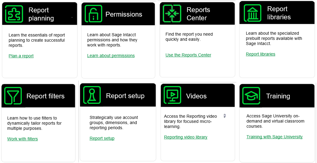 Interactive tiles with links for more information on report planning, permissions, Reports Center, report libraries, report filters, report setup, videos, and training.
