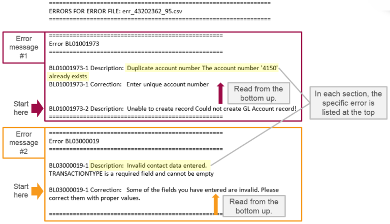 Infographic providing guidance on reading error message emails from the bottom up.