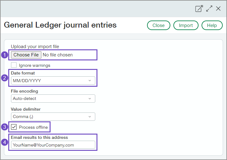 Recommended fields to fill in on the import dialogue box.