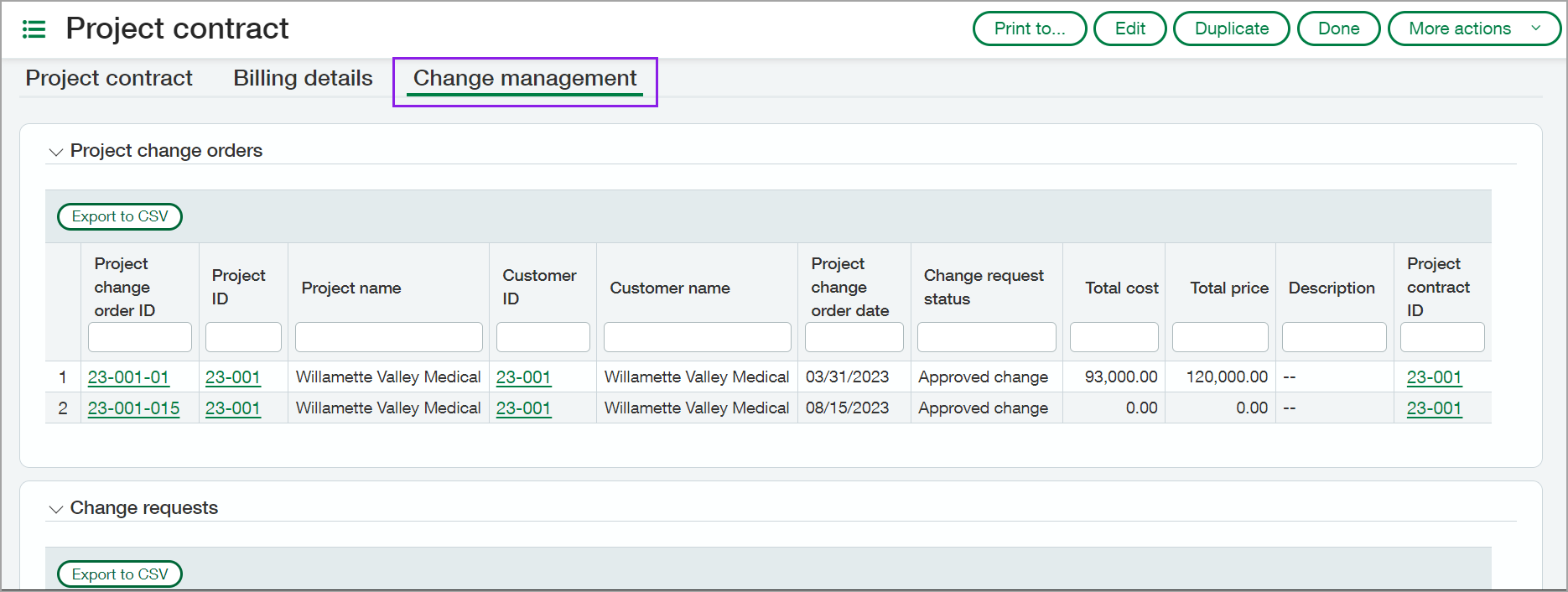 The Change management tab selected on the Project contract page.