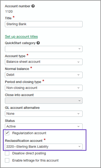 Account information page with Regularization account checkbox selected and a Reclassification account selected. 