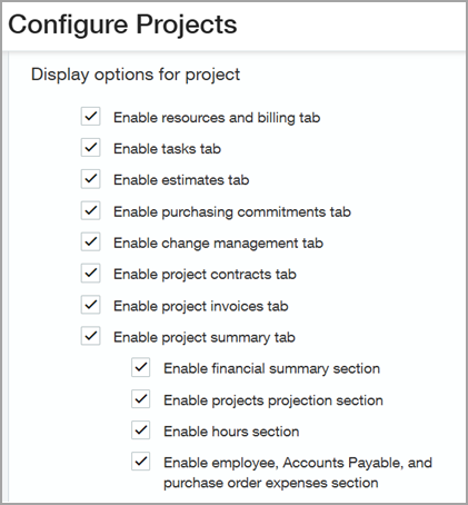 Shows options of tabs that you can display on projects with the Construction subscription.