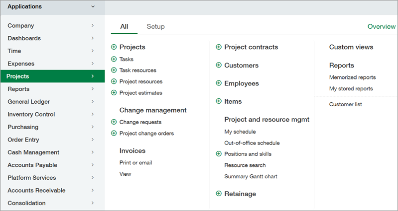 Projects application menu on the All tab.