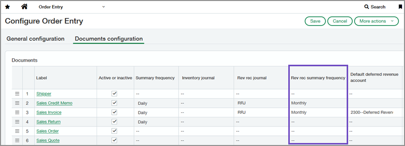 Documents configuration tab in Configure Order Entry showing the Rev rec summary frequency column.