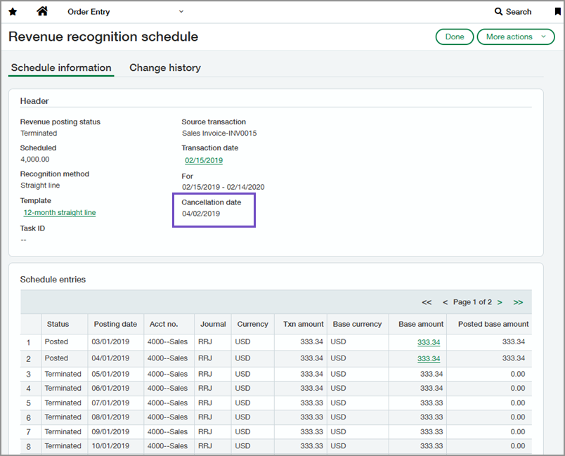 Revenue recognition schedule page showing the cancellation date field