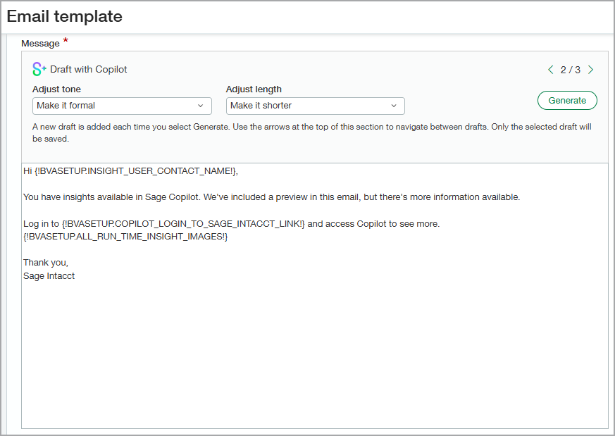 The Message section of the Variance Analysis Email template page. The Draft with Copilot section is shown with the Adjust tone and Adjust length fields. 